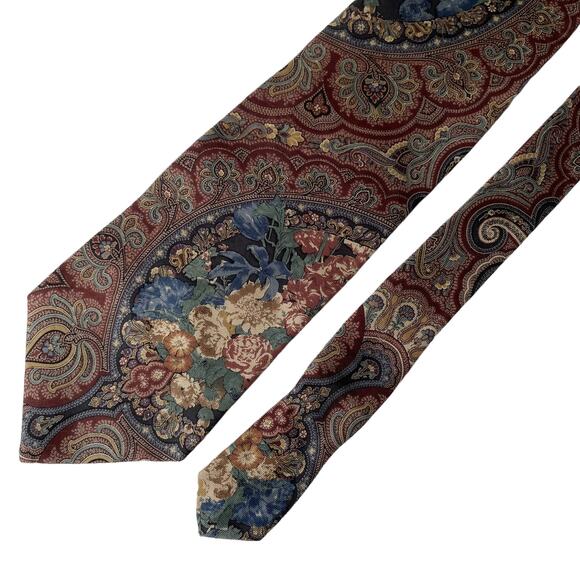 Vintage Bill Blass Silk Tie Floral Paisley Burgundy Blue Tan EUC - Picture 1 of 11